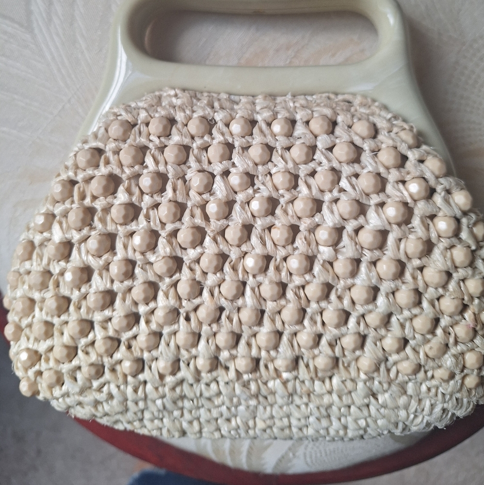 Elegant Vintage 1950/60 Cream Raffia Handbag- Made In Italy